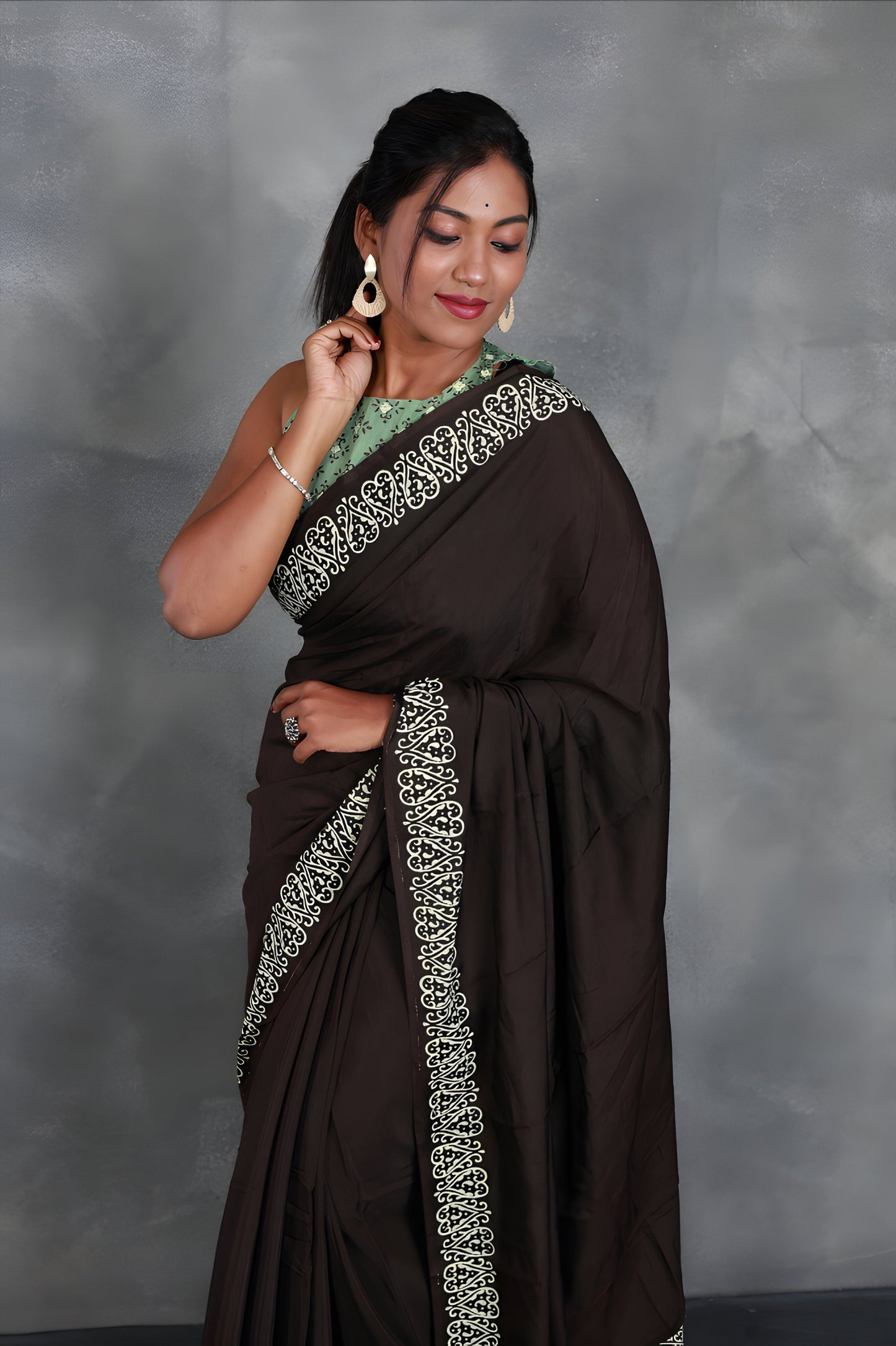 Hand Block Printed Muslin Saree - Mayuri