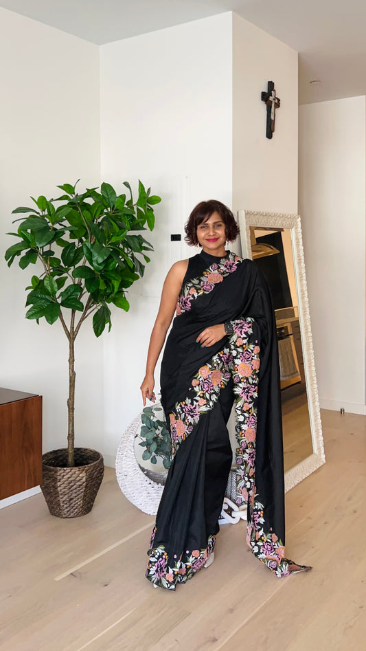 Black Tussar Raw Silk Saree With Embroidery