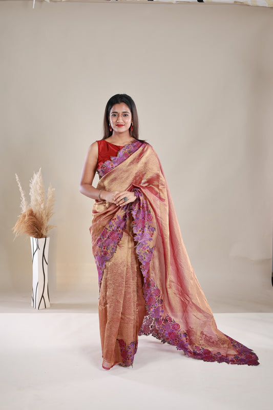 Copper Colour Crush Tissue Saree With Embroidery