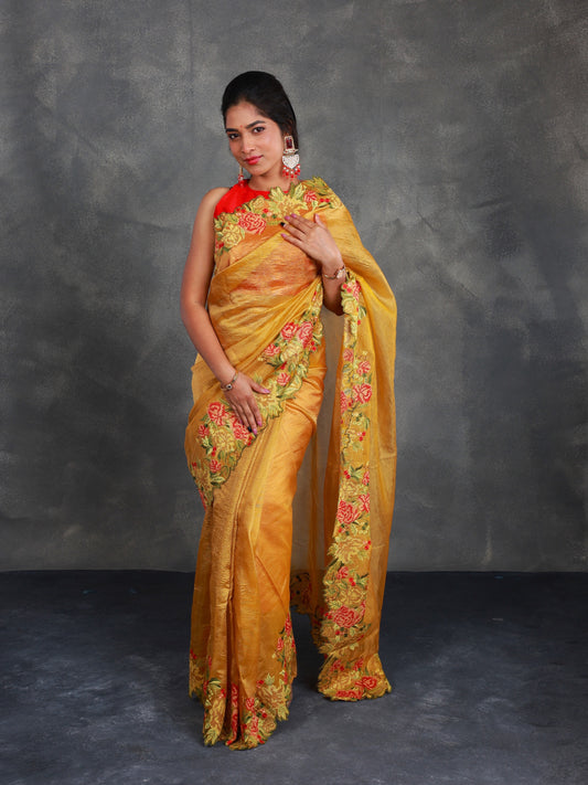 Mustard Crush Tissue Saree with Embroidery