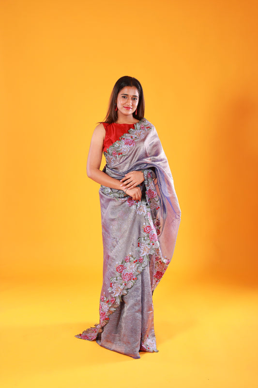 Grey Crush Tissue Saree with Embroidery